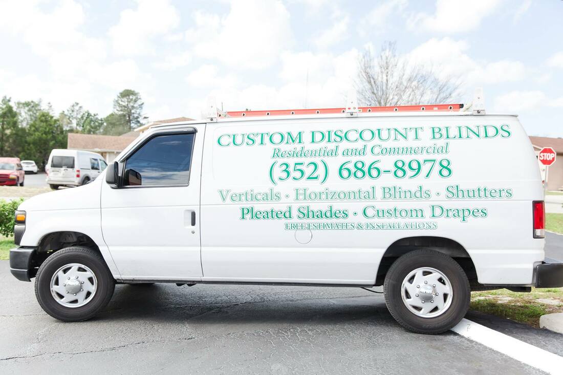 Picture of a white panel van. Custom Discount Blinds brings the showroom to you.